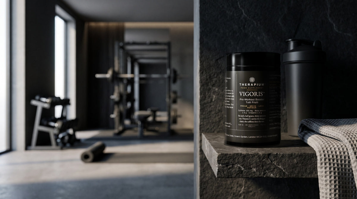 Therapium VIGORIS™ Pre-Workout Booster Tutti Frutti — 520 g in a cinematic scene