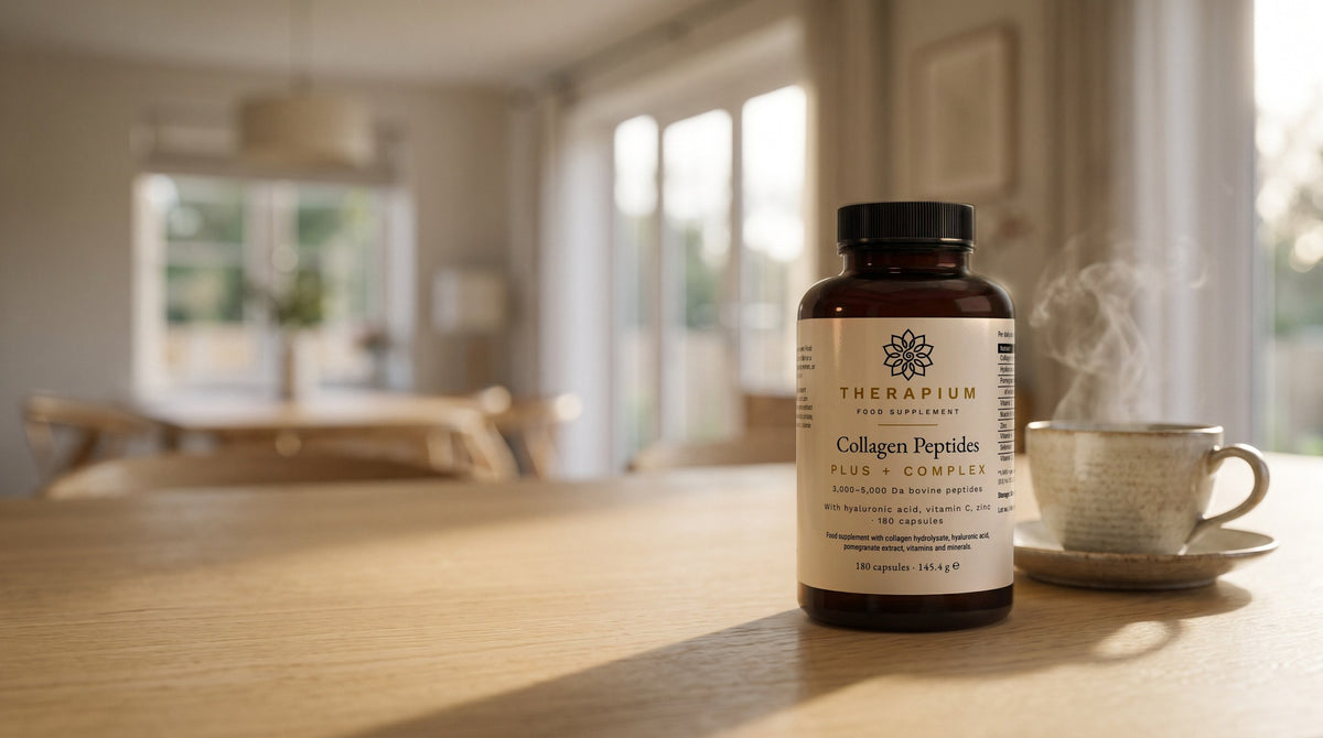 Therapium COLLARIS™ Collagen Peptides Plus — 180 capsules in a cinematic scene