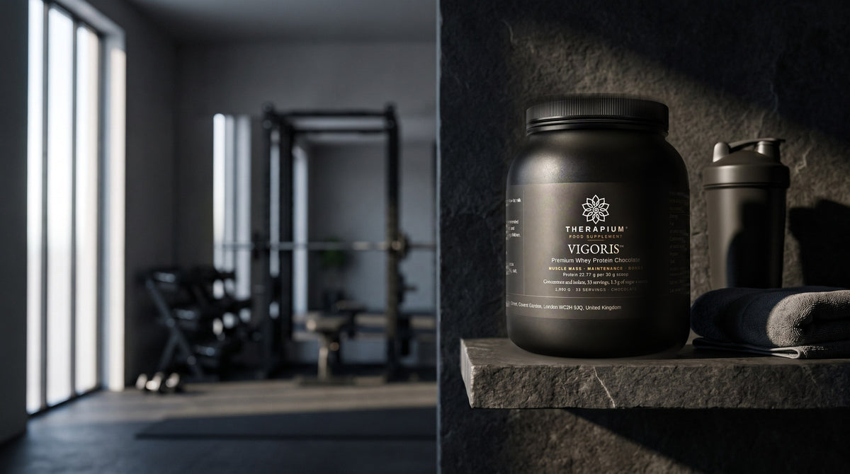 Therapium VIGORIS™ Premium Whey Protein Chocolate — 1,000 g in a cinematic scene