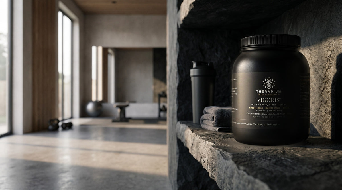 Therapium VIGORIS™ Premium Whey Protein Cookies — 1,000 g in a cinematic scene