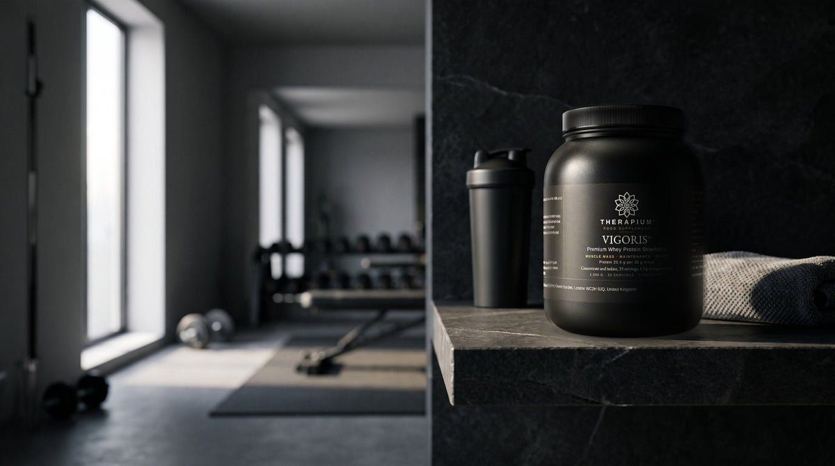 Therapium VIGORIS™ Premium Whey Protein Strawberry — 1,000 g in a cinematic scene