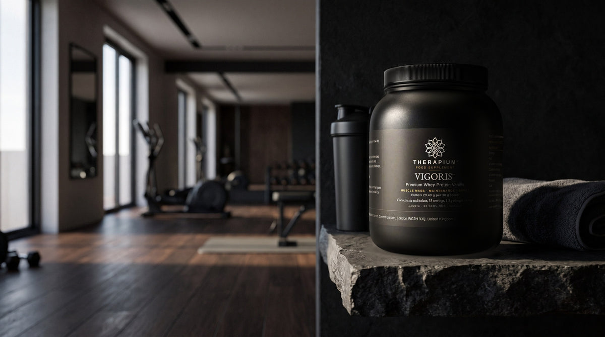 Therapium VIGORIS™ Premium Whey Protein Vanilla — 1,000 g in a cinematic scene