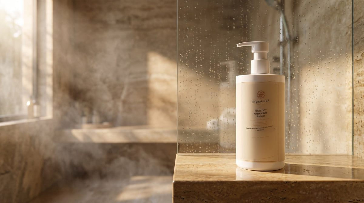 Therapium ROOTSYNC™ Keratin Volume Shampoo in a cinematic scene