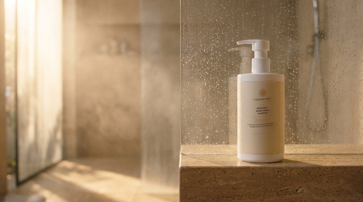 Therapium ROOTSYNC™ Keratin Volume Conditioner in a cinematic scene