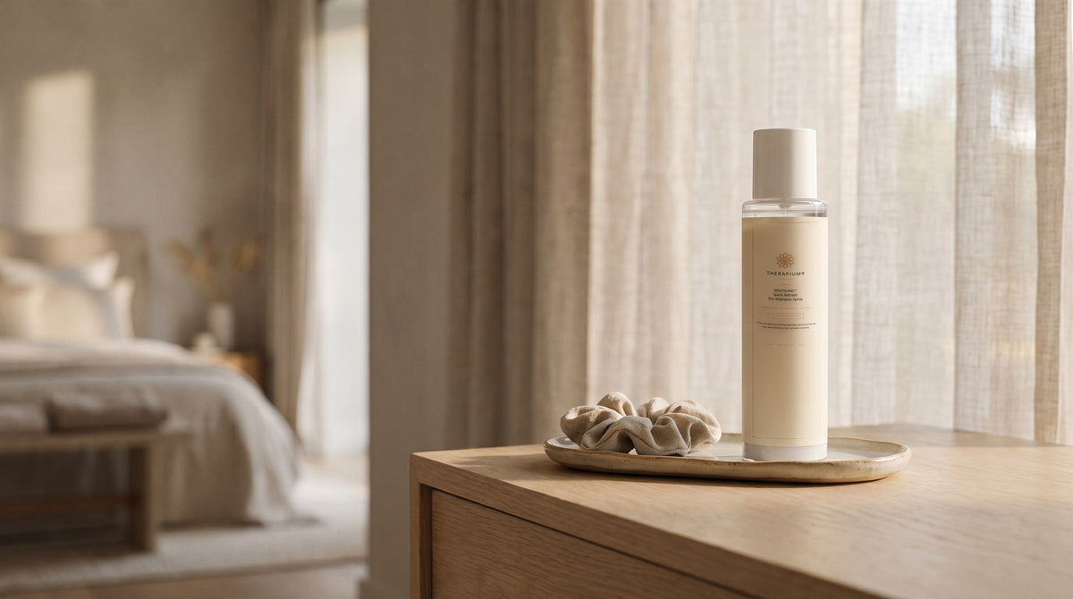 Therapium ROOTSYNC™ Quick Refresh Dry Shampoo Spray in a cinematic scene