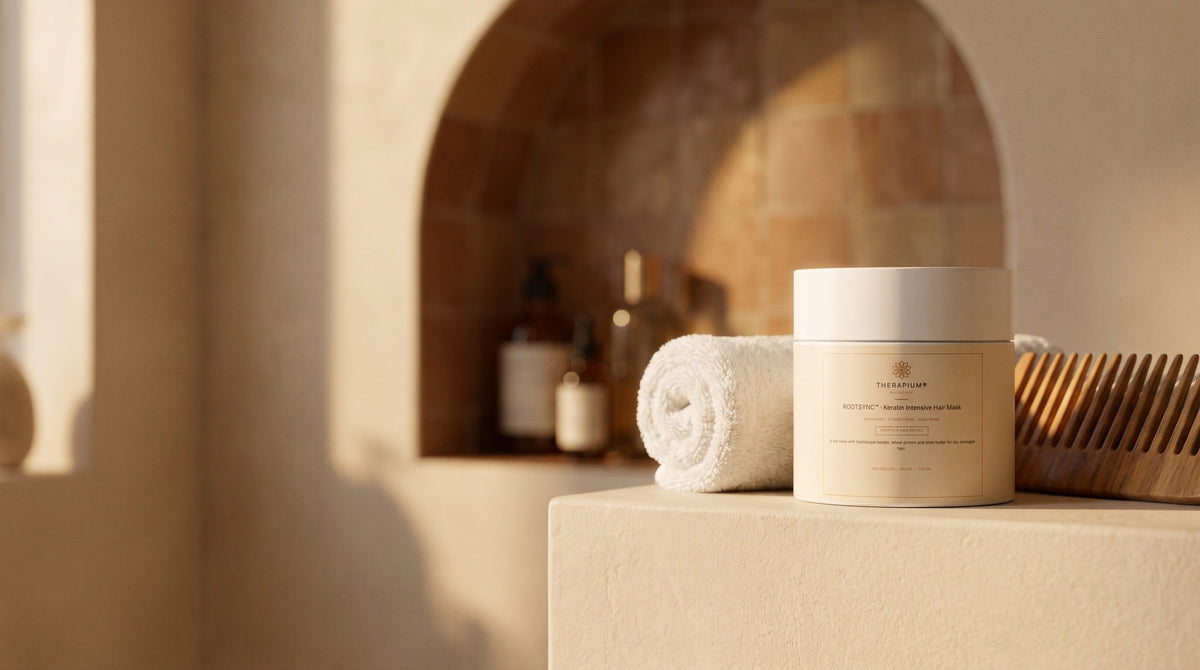 Therapium ROOTSYNC™ Keratin Intensive Hair Mask in a cinematic scene