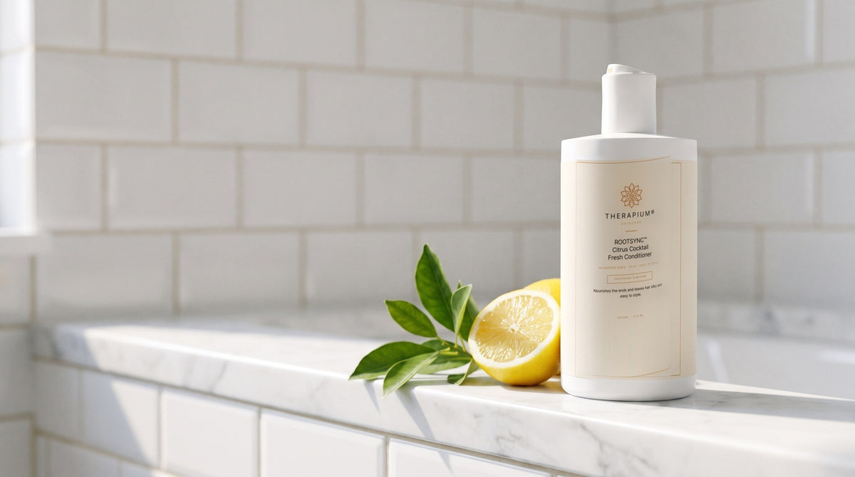 Therapium ROOTSYNC™ Citrus Cocktail Fresh Conditioner in a cinematic scene