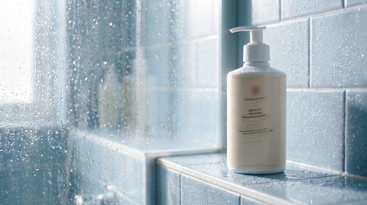 Therapium ROOTSYNC™ Aloe & Argan Moisturising Conditioner in a cinematic scene