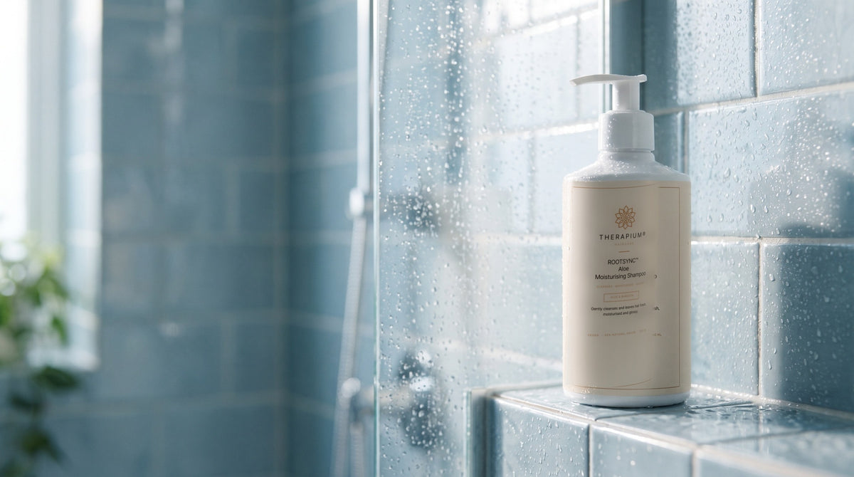 Therapium ROOTSYNC™ Aloe Moisturising Shampoo in a cinematic scene