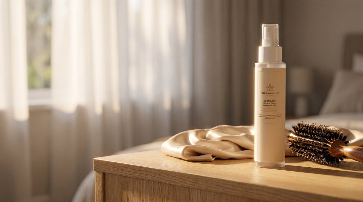 Therapium ROOTSYNC™ Keratin Shine Leave-In Mist in a cinematic scene