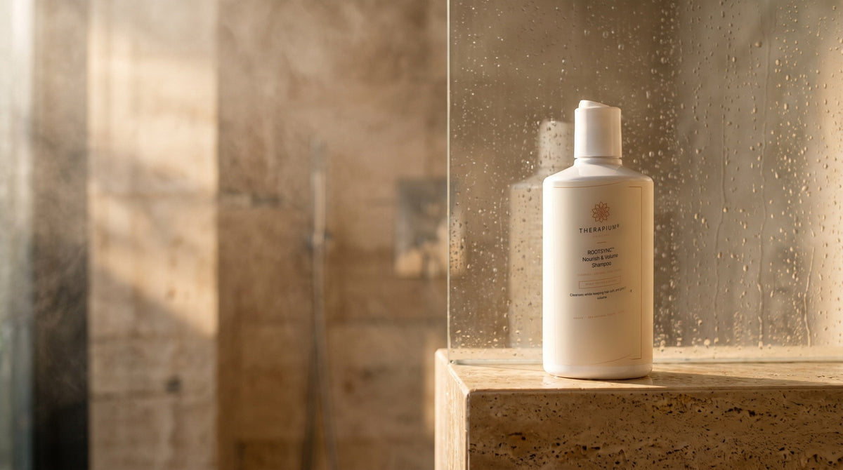 Therapium ROOTSYNC™ Nourish & Volume Shampoo in a cinematic scene