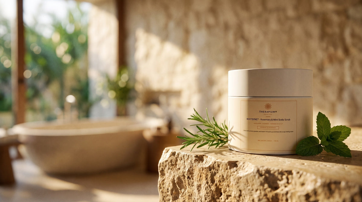 Therapium ROOTSYNC™ Rosemary & Mint Scalp Scrub in a cinematic scene