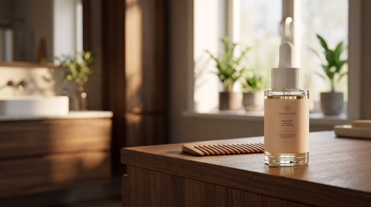 Therapium ROOTSYNC™ Rosemary Hair & Scalp Oil in a cinematic scene