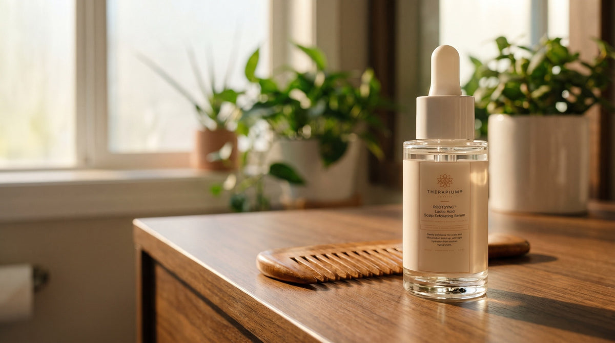 Therapium ROOTSYNC™ Lactic Acid Scalp Exfoliating Serum in a cinematic scene