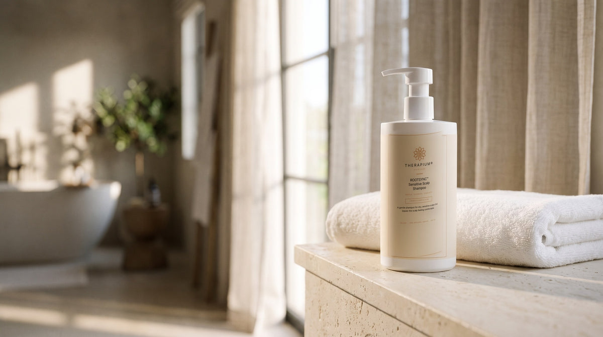 Therapium ROOTSYNC™ Sensitive Scalp Shampoo in a cinematic scene