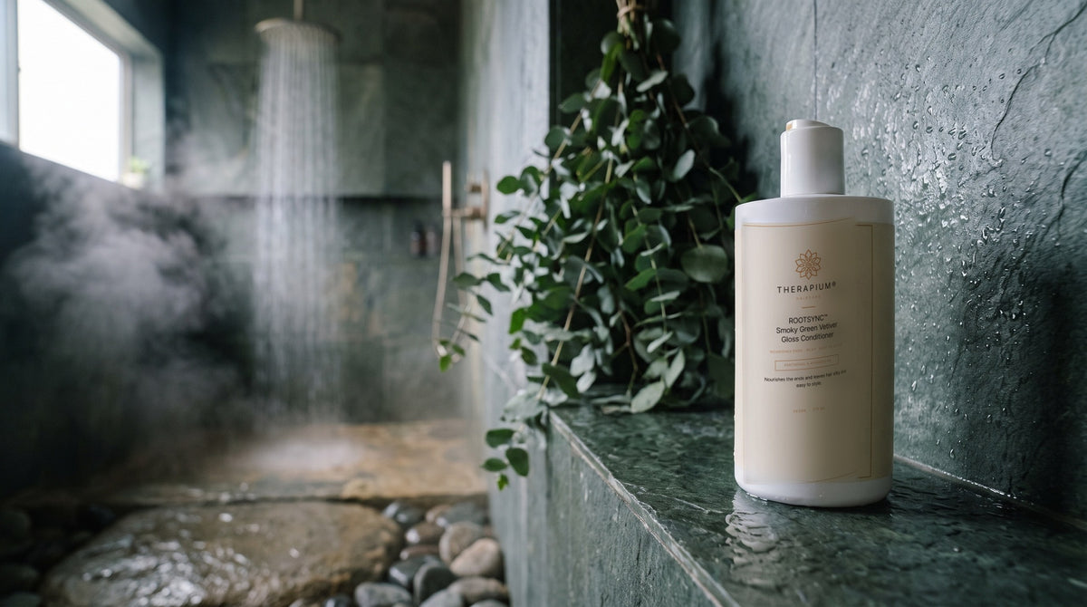 Therapium ROOTSYNC™ Smoky Green Vetiver Gloss Conditioner in a cinematic scene