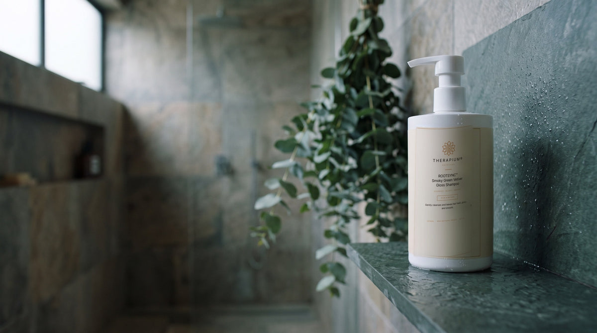 Therapium ROOTSYNC™ Smoky Green Vetiver Gloss Shampoo in a cinematic scene