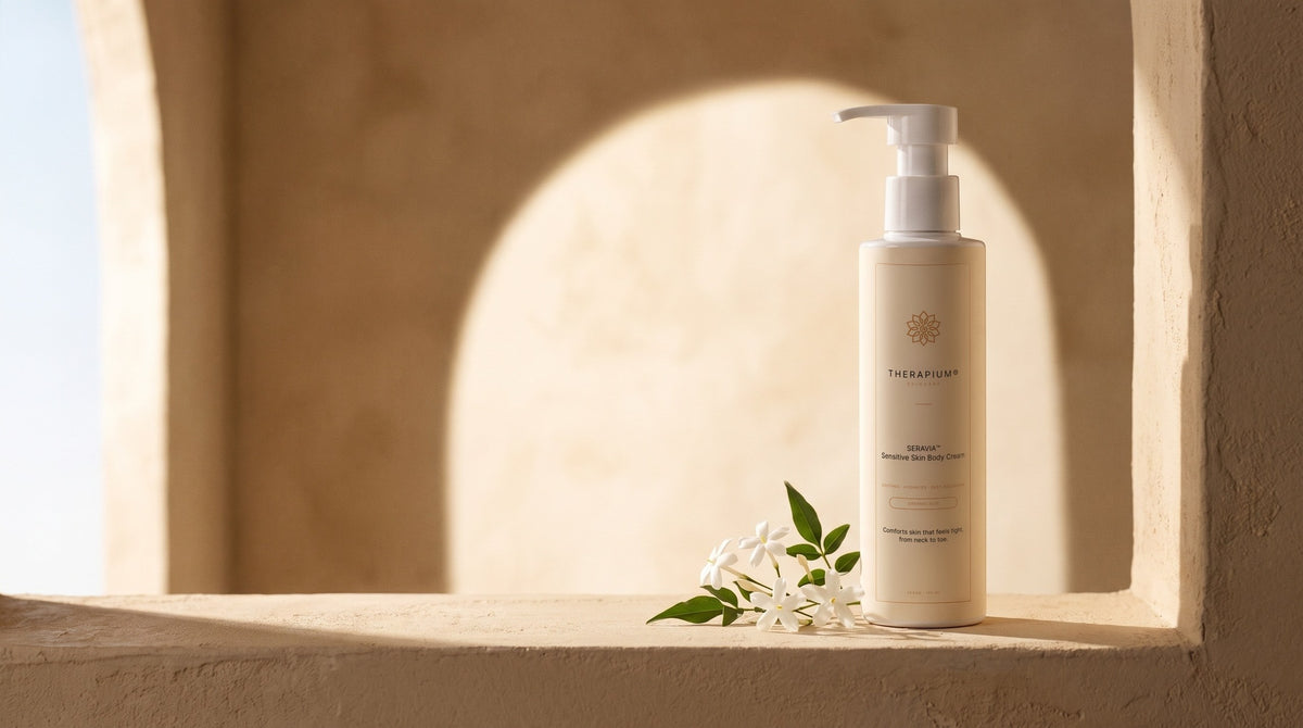 Therapium SERAVIA™ Sensitive Skin Body Cream in a cinematic scene