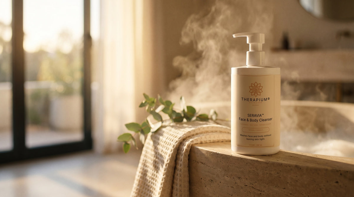 Therapium SERAVIA™ Face & Body Cleanser in a cinematic scene