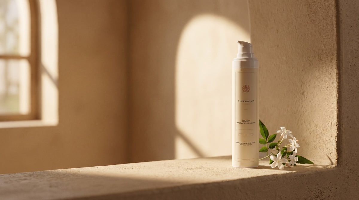 Therapium SERAVIA™ Sensitive Skin Moisturiser in a cinematic scene