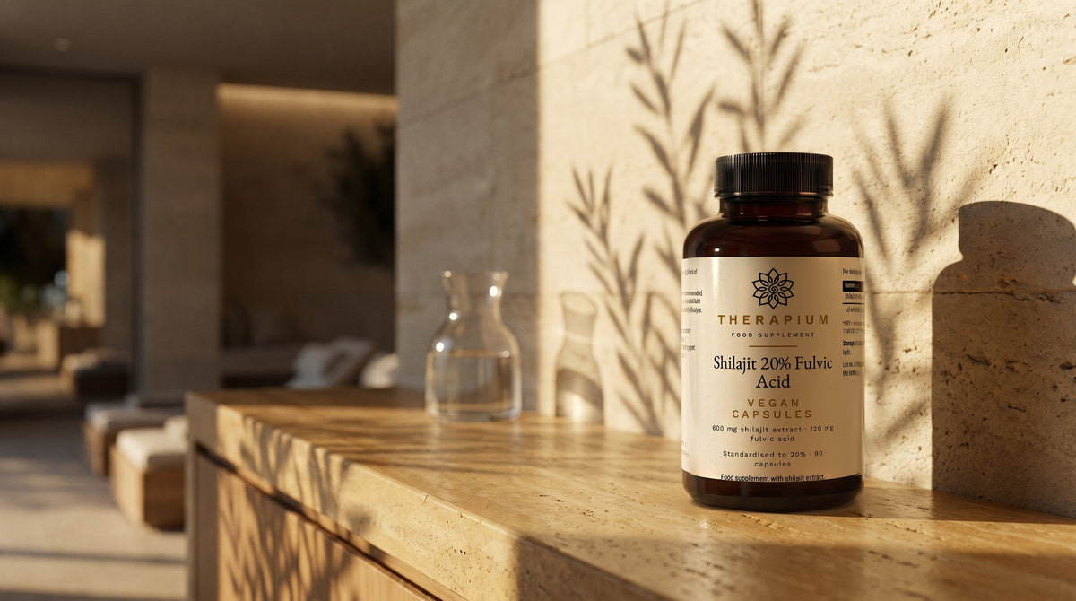 Therapium FULVARIS™ Shilajit 20% Fulvic Acid — 90 capsules in a cinematic scene