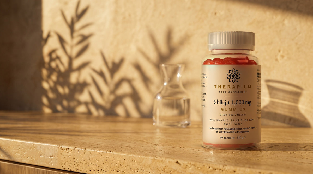 Therapium FULVARIS™ Shilajit 1,000 mg Gummies — 60 gummies in a cinematic scene