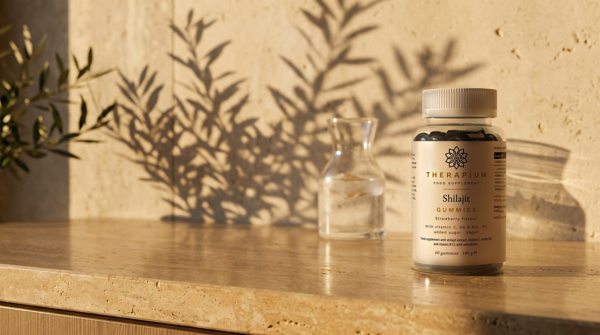 Therapium Shilajit Gummies — 60 gummies with vitamin C, B6 and B12 in a cinematic scene