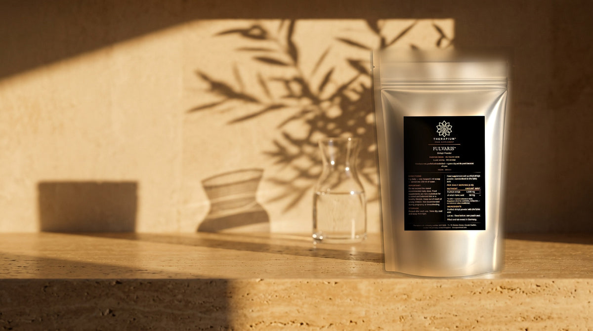 Therapium FULVARIS™ Shilajit Powder — 250 g in a cinematic scene
