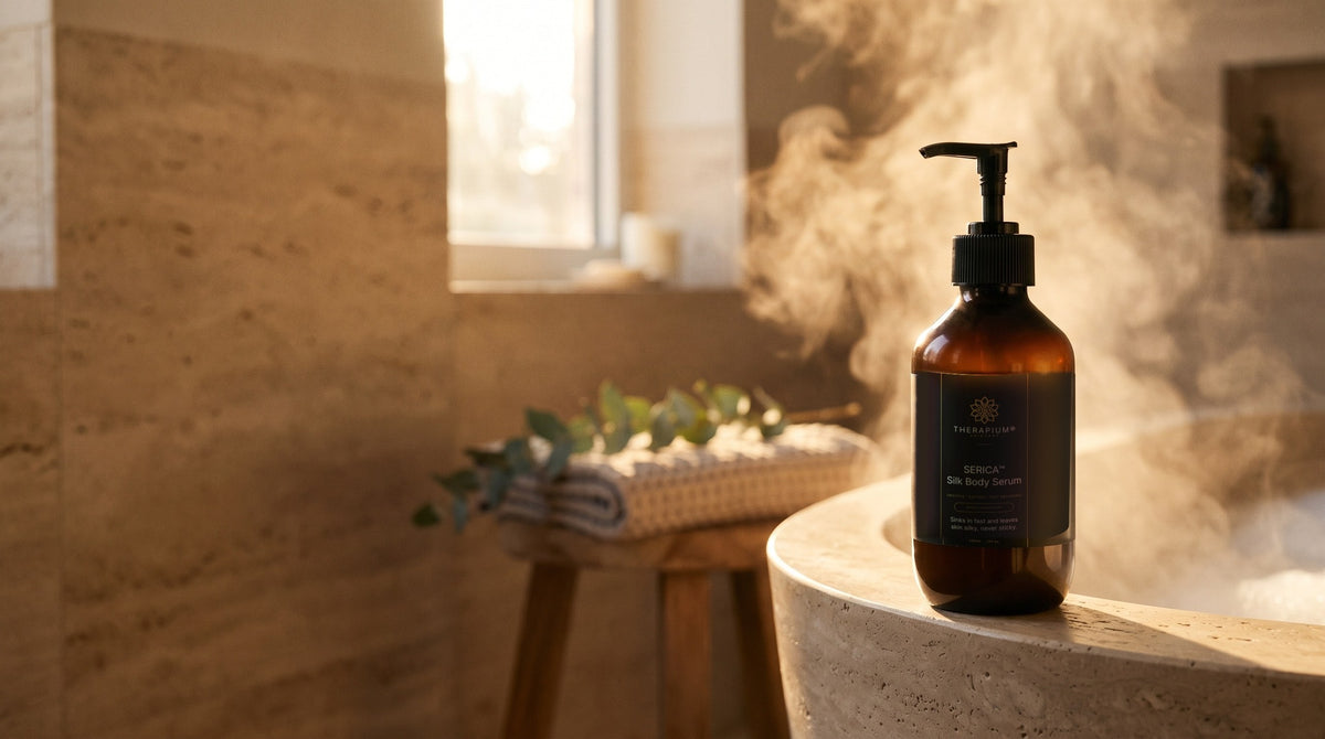 Therapium SERICA™ Silk Body Serum — Spices & Sandalwood in a cinematic scene