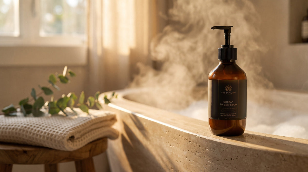 Therapium SERICA™ Silk Body Serum — Woody Amber & Leather in a cinematic scene