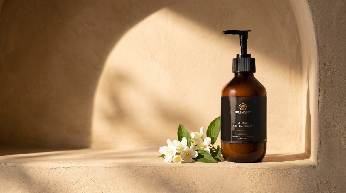Therapium SERICA™ Silk Hand Cream — Spices & Sandalwood in a cinematic scene