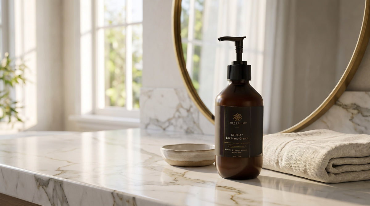 Therapium SERICA™ Silk Hand Cream — Woody Amber & Leather in a cinematic scene