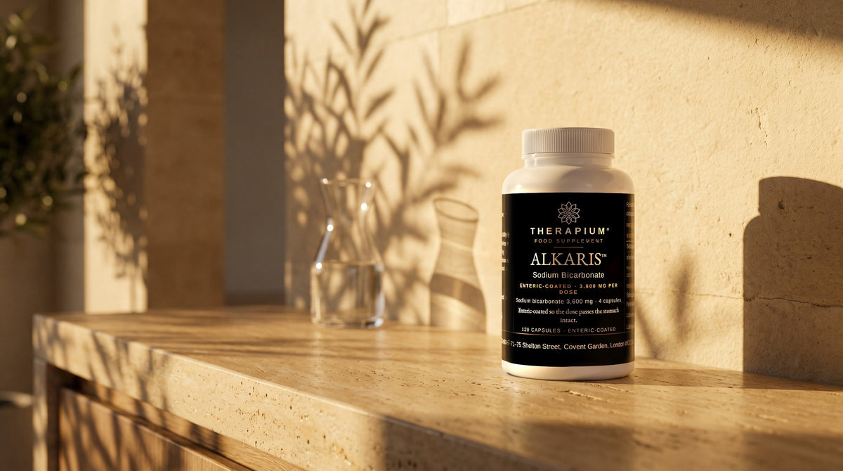 Therapium ALKARIS™ Sodium Bicarbonate — 120 capsules in a cinematic scene