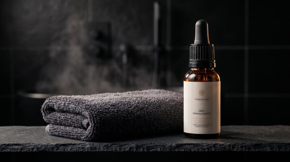 Therapium VIRIS™ Softening Beard Oil in a cinematic scene