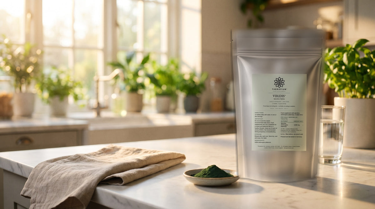 Therapium VIRIDIS™ Spirulina Tablets — 1,000 tablets, 250 g in a cinematic scene