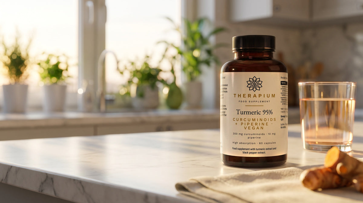 Therapium CURCARIS™ Turmeric 95% Curcuminoids — 60 capsules in a cinematic scene