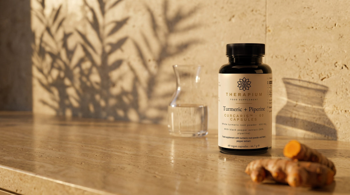 Therapium CURCARIS™ Turmeric + Piperine — 60 capsules in a cinematic scene