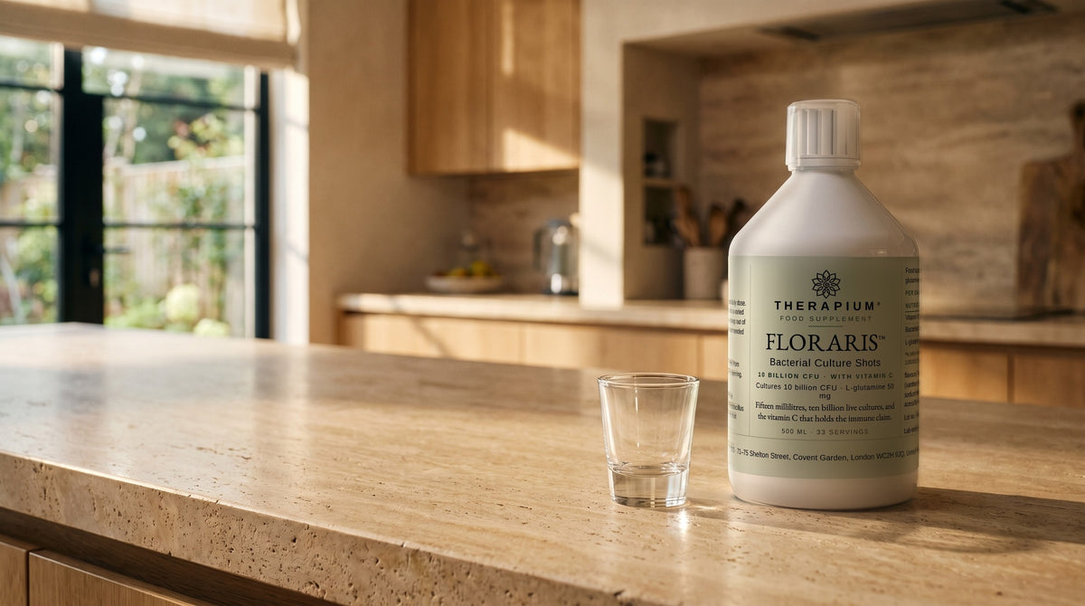 Therapium FLORARIS™ Bacterial Culture Shots — 500 ml in a cinematic scene
