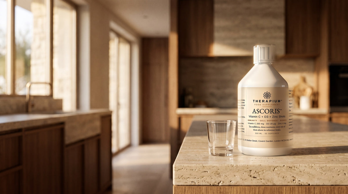Therapium ASCORIS™ Vitamin C + D3 + Zinc Shots — 500 ml in a cinematic scene