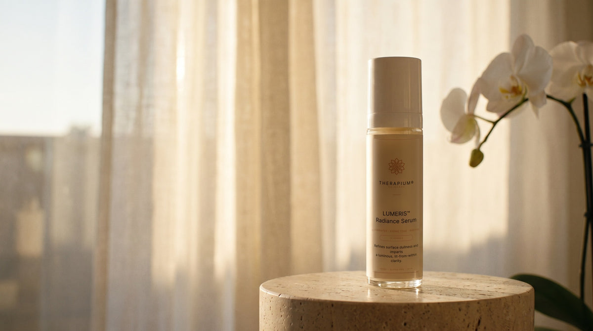 Therapium LUMERIS™ Radiance Serum in a cinematic scene