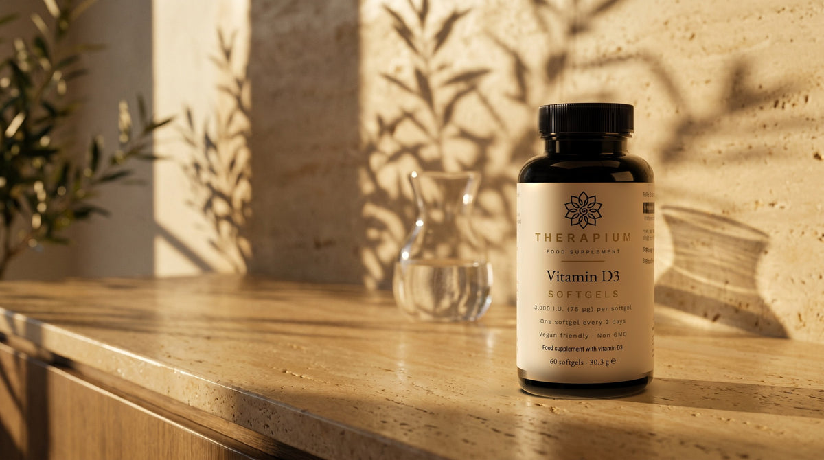 Therapium Vitamin D3 — 60 vegan softgels with 3,000 IU each in a cinematic scene