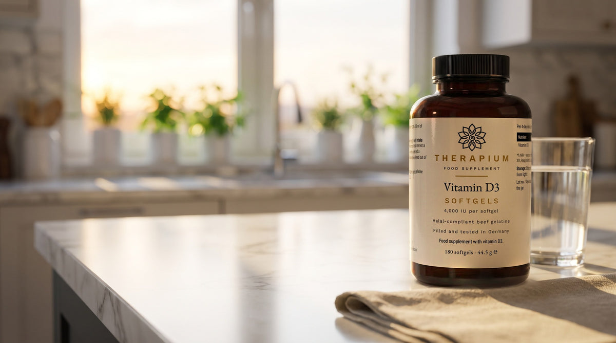 Therapium Vitamin D3 Softgels — 180 capsules with 4,000 IU each in a cinematic scene