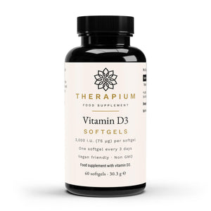 Therapium Vitamina D3 — 60 de softgeluri vegane cu 3.000 U.I. fiecare — unghi 1