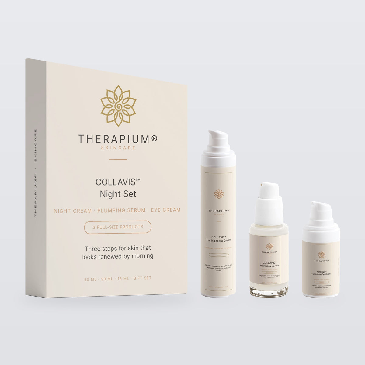 What is inside the Therapium COLLAVIS Night Set: the box with Firming Night Cream 50 ml, Plumping Serum 30 ml and AETERNIS Smoothing Eye Cream 15 ml