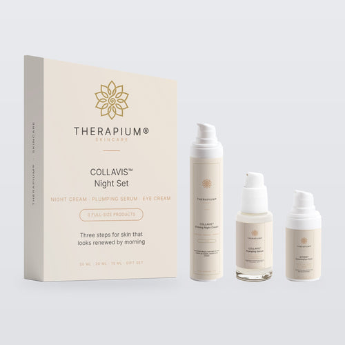 What is inside the Therapium COLLAVIS Night Set: the box with Firming Night Cream 50 ml, Plumping Serum 30 ml and AETERNIS Smoothing Eye Cream 15 ml