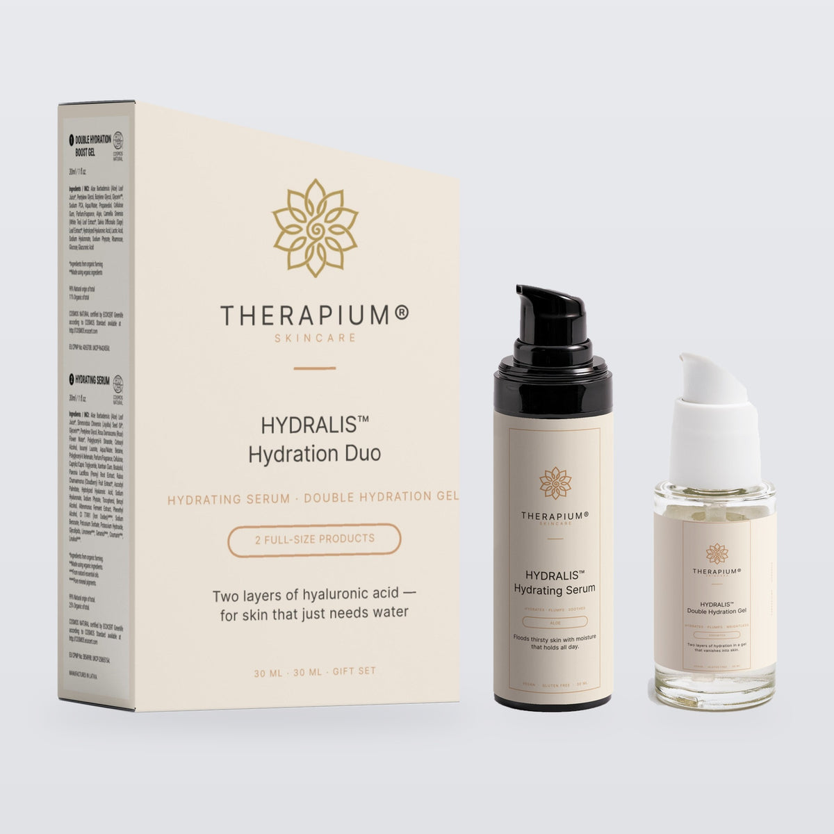 What is inside the Therapium HYDRALIS Hydration Duo: the box with Hydrating Serum 30 ml and Double Hydration Gel 30 ml