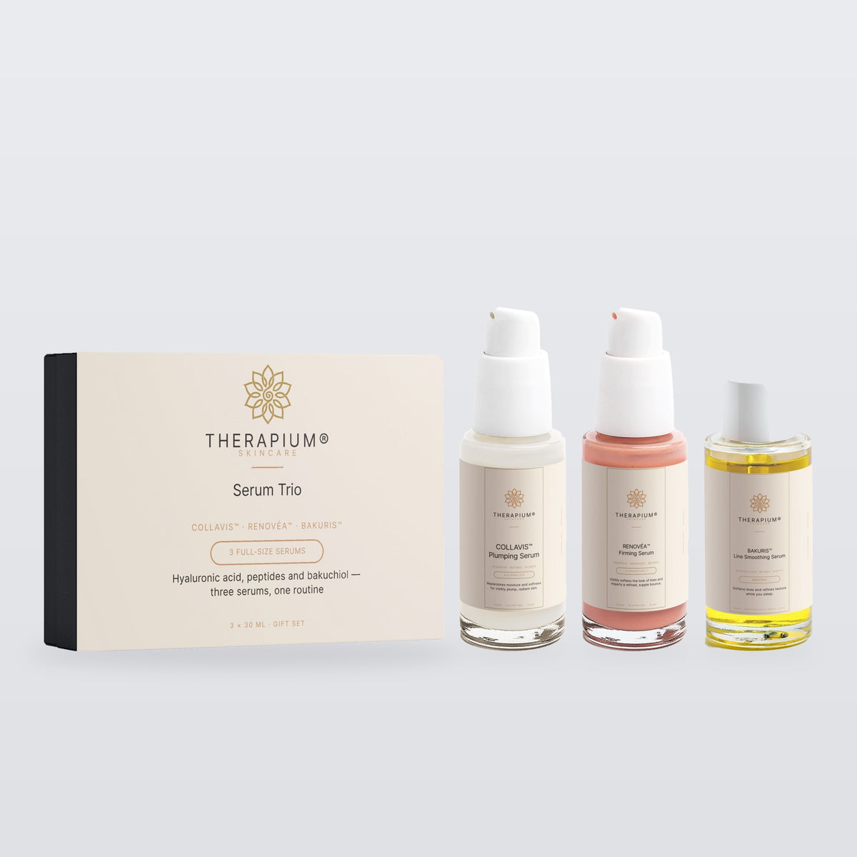 What is inside the Therapium Serum Trio: the box with COLLAVIS Plumping Serum, RENOVÉA Firming Serum and BAKURIS Line Smoothing Serum, 3 × 30 ml