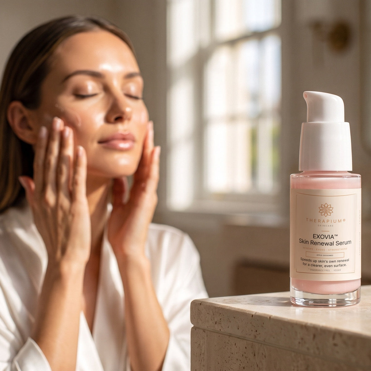 Model pressing Therapium EXOVIA Skin Renewal Serum into her skin, the 30 ml bottle on a travertine vanity
