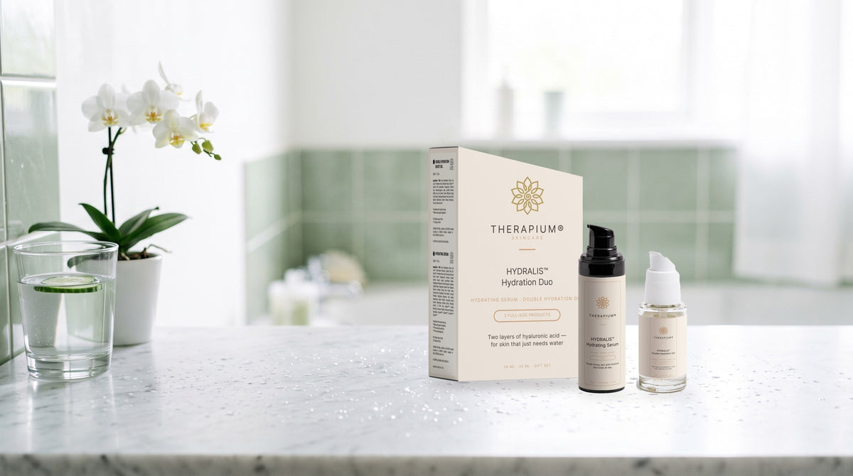 Therapium HYDRALIS Hydration Duo box with hydrating serum and gel on a white marble bathroom counter