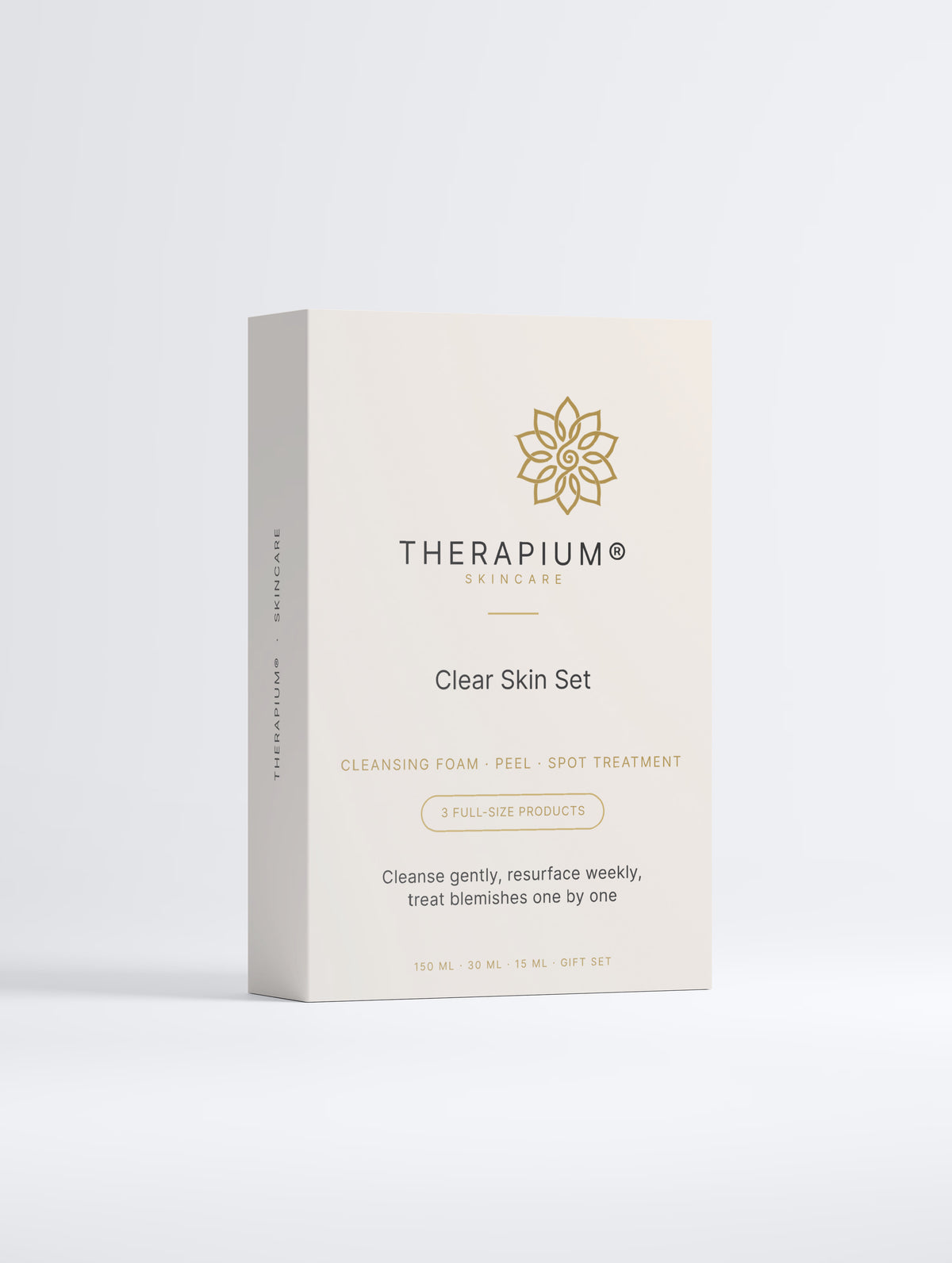 Therapium Clear Skin Set gift box, front of the printed sleeve on a plain studio background